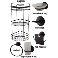 Tesitay Banyo Aksesuarları Üç Katlı Köşelik Kağıtlık Havluluk Sabunluk Fırçalık Bornozluk Seti Siyah Renk