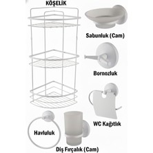 Tesitay Banyo Aksesuarları Üç Katlı Köşelik Kağıtlık Havluluk Sabunluk Fırçalık Bornozluk Seti Beyaz Renk