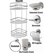 Tesitay Banyo Aksesuarları Üç Katlı Köşelik Kağıtlık Havluluk Sabunluk Fırçalık Bornozluk Seti Krom Renk