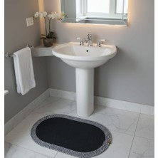 Mtg Jüt Tasarım El Emeği Doğal Jüt Kordon Halattan Siyah-Siyah Beyaz Desenli Oval Paspas/Lavabo Önü/Klozet Önü/Paspası