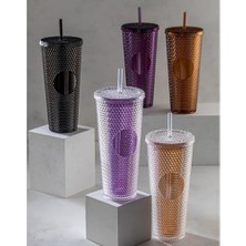 Storemax 750 ml Kapaklı ve Pipetli Soğuk Içecek Bardağı – Mor Kristal Desenli Seyahat Kupası, Termal Yapı, Buzlu Doku, Buzlu Kahve Smoothie Bardak Taşınabilir Yazlık Plastik Bardak (Mürdüm)