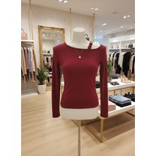 Kadın Bordo Tek Omuz Tokalı Uzun Kollu Bluz