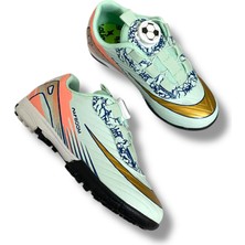 Laliga 620 Mekanizmalı ve Otomatik Akıllı Bağcıklı Çocuk Halısaha Ayakkabı Su Yeşili Altın Desenli