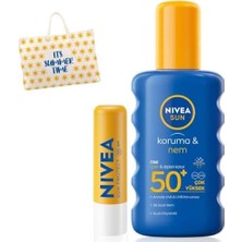 Storemax Nıvea Sun Koruma ve Nem Vücut Spreyi 200ML ve Yüksek Güneş Korumalı Dudak Bakım Kremi, SPF50, Çanta Hediye