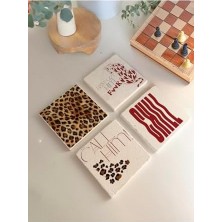 Storemax Leopar Desenli ve Motivasyon Doğal Taş Bardak Altlığı 4’lü Set, Şık Masa Sunum Ürünü