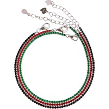 925 Gümüş Su Yolu Işıltılı Tasarım Kırmızı-Yeşil-Siyah Zirkon Taş Kadın Üçlü Bileklik Yılbaşı Hediye