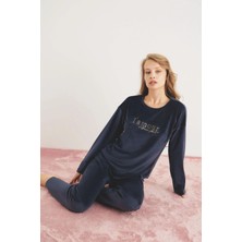 Pijamoni Kadın Yumuşak Kadife Bisiklet Yaka Siyah Pijama Takımı