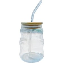 Storemax 500ML Bambu Kapaklı Cam Bardak, Cam Pipetli Silikon Kapak Contalı Ince Çizgi Desenli Soğuk Içecekler Için Kahve Meyve Suları ve Çayları Için Ergonomik Şık Tasarım