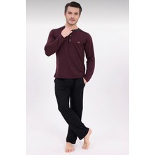 Pelin Erkek Patlı Uzun Kollu % 100 Coton Ince Pijama Takımı-Siyahlı BORDO-6332