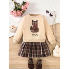 RosabelleMare Kız Çocuk My Cat Baskılı, Ekose Etek Görünümlü Uzun Kollu Tek Parça Elbise Modeli