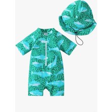 RosabelleMare Erkek Bebek Balık Desenli Fermuarlı Kısa Kollu Tulum Mayo ve Şapka Seti