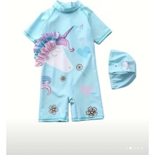 RosabelleMare Kız Bebek Unicorn Baskılı Kısa Kollu Tulum Mayo, Sevimli Tasarım ve Uyumlu Bone Seti