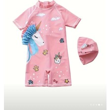 RosabelleMare Kız Bebek Unicorn Baskılı Kısa Kollu Tulum Mayo, Sevimli Tasarım ve Uyumlu Bone Seti