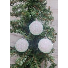 Asöy Yılbaşı Ağacı Süsü 6 cm Beyaz Lüx Top 3'lü Beyaz Parıltılı Karlı Küre Süs Renkli Cici Top Büyük Boy