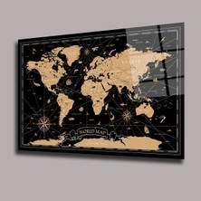 Glassual Art Sarı Siyah Dünya Haritası Harita Cam Tablo PCT0627