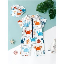 RosabelleMare  Bebek Yengeç Desenli Kısa Kollu Tulum Mayo, Fermuarlı Tasarım ve Bone Seti