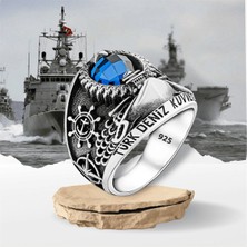 Takılingo 925 Ayar Gümüş Mavi Zirkon Taşlı Türk Deniz Kuvvetleri Temalı Askeri Erkek Yüzük