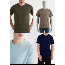 Orginal 4'lü Paket Kısa Kol Tişört Kahverengi-Haki-Koyu Mavi-Buz Mavisi