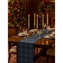Pine Lacivert Yeşil Ekose Runner 45X150 cm Yılbaşı Davet Yeni Yıl Masa Runner