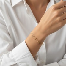 PIEDORA GOLD 14 Ayar Altın Üç Renk Boncuklu Çift Zincir Kadın Bileklik