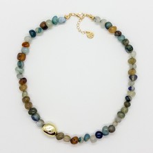 Merse Atelier Mavi Tonlarında Akik Doğal Taşlı Altın Rengi Kaplama Detaylı Kolye