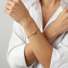 PIEDORA GOLD 14 Ayar Altın Taşlı Kare Detaylı Zincir Kadın Bileklik