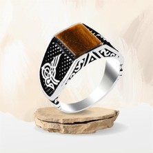 Takılingo 925 Ayar Gümüş Osmanlı Tuğra Işlemeli Kaplangözü Taşlı Serçe Parmak Erkek Yüzük