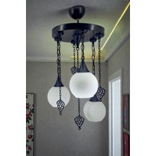 Özbak Avize Osmanlı Motifli 3’lü Siyah Avize | Opal Cam Küre Sarkıt | Modern & Klasik Dekoratif Aydınlatma