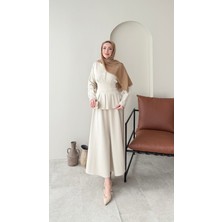 Miraydin Butik Belden Bağlamalı Etekli Scuba Takım – Bej