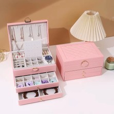 Şık Pembe Kadife Içli Deri 2 Çekmeceli Takı Organizer Kutusu