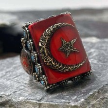 Takılingo 925 Ayar Gümüş Kırmızı Mineli Ayyıldız Işlemeli Kelime-I Tevhid Erkek Yüzük
