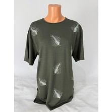 Yaşar Triko Kadın Likralı Yaprak Desenli Bisiklet Yaka Kısa Kollu Yanları Yırtmaçlı Yün Anne Penye Tişört