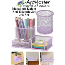 ArtMaster Masaüstü Metal Silindir Kalemlik ve 3 Lü Düzenleyici 1 Paket Fileli Perfore Lila Kalemlik Kağıtlık Düzenleyici