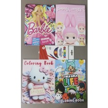Ada Çanta Kırtasiye 4 Adet Stickerli Boyama Kitabı ve 12'li Kuru Boya Kalemi (Barbi/sonny Angel/hello Kitty/toca Boca )