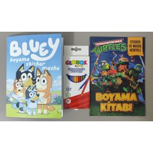 Ada Çanta Kırtasiye 2 Adet Stickerli Boyama Kitabı ve 12'li Kuru Boya Kalemi (Bluey / Ninja Kaplumbagalar ) AD600602