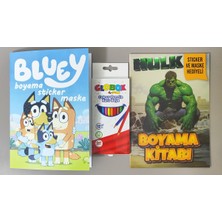 Ada Çanta Kırtasiye 2 Adet Stickerli Boyama Kitabı ve 12'li Kuru Boya Kalemi (Bluey / Hulk ) AD600611