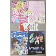 Ada Çanta Kırtasiye 4 Adet Stickerli Boyama Kitabı ve 12'li Kuru Boya Kalemi (Barbi/sonny Angel/frozen/wednesday )