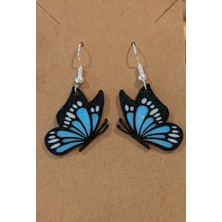 ADA 3D Canlı Mavi Kanatlı Kelebek Tasarımlı Işıltılı Siyah Hafif Kadın Küpe