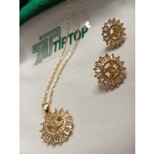 Tiptop/ Gold Renk Zirkon Taşlı Güneş Model Kolye ve Küpe Set