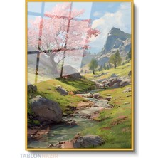 Tablonhazır Dikey Çerçeveli Cam Akarsu Dag Modern Ev Dekoru Duvar Sanatı Ev Ofis Tablosu