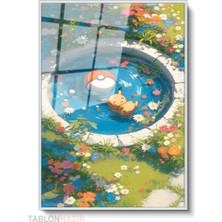 Tablonhazır Dikey Çerçeveli Cam Anime Havuz Modern Ev Dekoru Duvar Sanatı Ev Ofis Tablosu