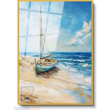 Tablonhazır Dikey Çerçeveli Cam Kiyiya Oturan Yelkenli Modern Ev Dekoru Duvar Sanatı Ev Ofis Tablosu