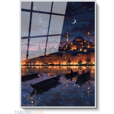 Tablonhazır Dikey Çerçeveli Cam Ayasofya Gece Ay Modern Ev Dekoru Duvar Sanatı Ev Ofis Tablosu