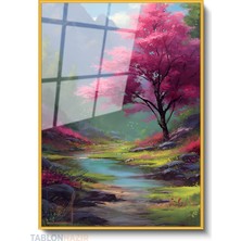 Tablonhazır Dikey Çerçeveli Cam Pembe Agac Irmak Modern Ev Dekoru Duvar Sanatı Ev Ofis Tablosu