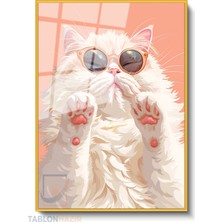 Tablonhazır Dikey Çerçeveli Cam Karizma Beyaz Kedi Modern Ev Dekoru Duvar Sanatı Ev Ofis Tablosu
