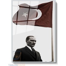 Tablonhazır Dikey Çerçeveli Cam Bayrak ve Ataturk Modern Ev Dekoru Duvar Sanatı Ev Ofis Tablosu