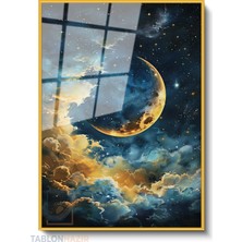 Tablonhazır Dikey Çerçeveli Cam Ay Bulut Yildiz Modern Ev Dekoru Duvar Sanatı Ev Ofis Tablosu