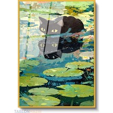 Tablonhazır Dikey Çerçeveli Cam Batakliktaki Kedi Modern Ev Dekoru Duvar Sanatı Ev Ofis Tablosu