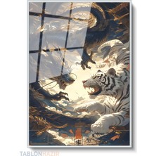 Tablonhazır Dikey Çerçeveli Cam Ejderha ve Kaplan Modern Ev Dekoru Duvar Sanatı Ev Ofis Tablosu