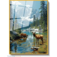 Tablonhazır Dikey Çerçeveli Cam Geyik Manzara Modern Ev Dekoru Duvar Sanatı Ev Ofis Tablosu